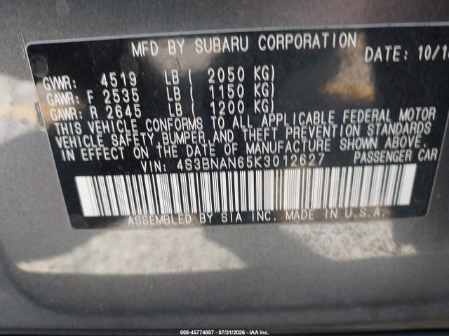 Продаж на аукціоні авто 2019 Subaru Legacy 2.5i Limited, vin: 4S3BNAN65K3012627, номер лоту: 45774897