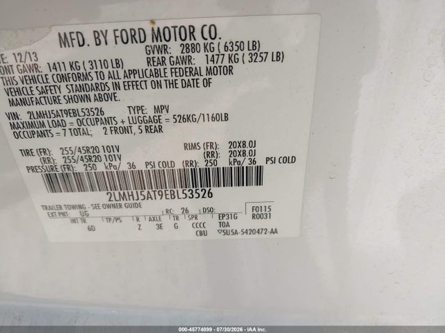 Aukcja sprzedaży 2014 Lincoln Mkt Ecoboost, vin: 2LMHJ5AT9EBL53526, numer aukcji: 45774899