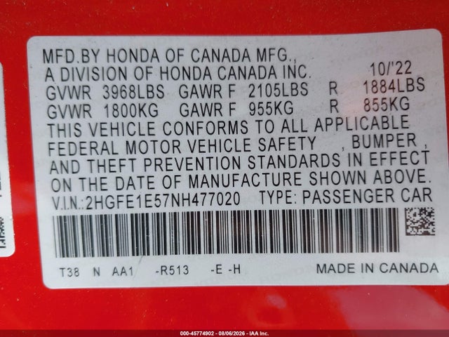 Honda CIVIC SI SEDAN 2022 2HGFE1E57NH477020 Image 9