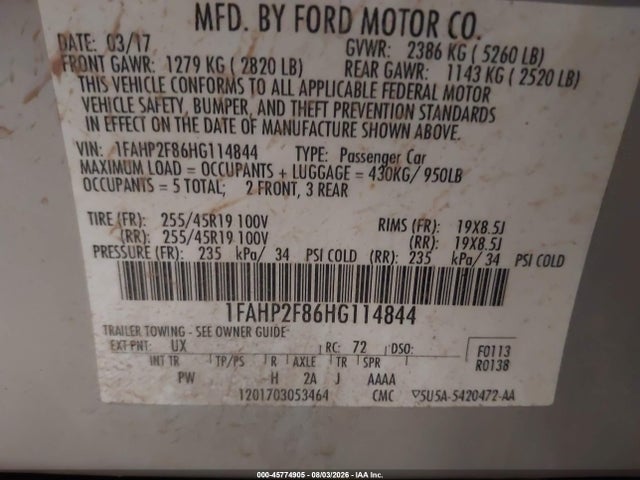 Auction sale of the 2017 Ford Taurus Limited, vin: 1FAHP2F86HG114844, lot number: 45774905