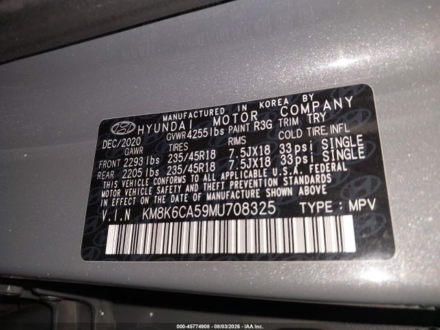 2021 Hyundai Kona Night მანქანა იყიდება აუქციონზე, vin: KM8K6CA59MU708325, აუქციონის ნომერი: 45774908