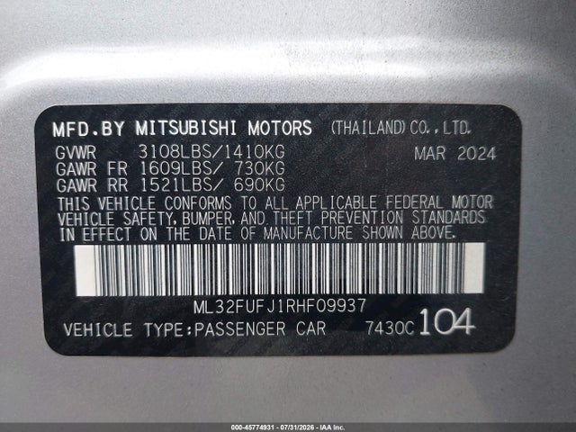 Продаж на аукціоні авто 2024 Mitsubishi Mirage G4 Es, vin: ML32FUFJ1RHF09937, номер лоту: 45774931