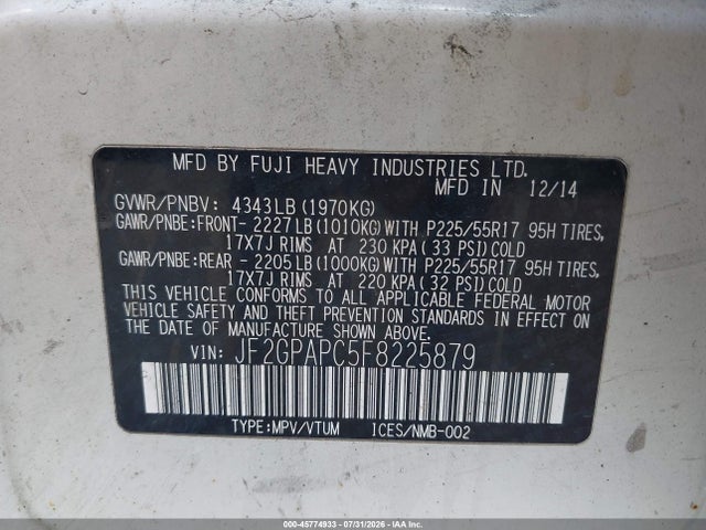 45774933 :رقم المزاد ، JF2GPAPC5F8225879 vin ، 2015 Subaru Xv Crosstrek 2.0i Limited مزاد بيع