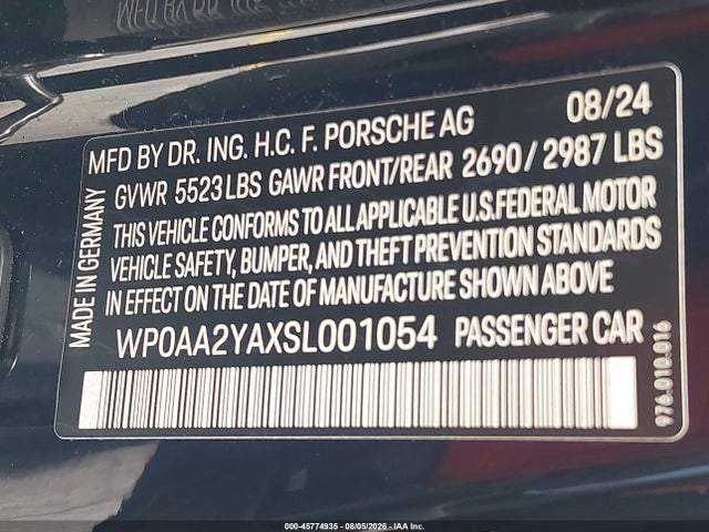 Продажа на аукционе авто 2025 Porsche Panamera 4, vin: WP0AA2YAXSL001054, номер лота: 45774935