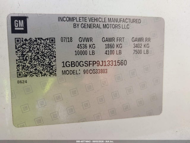 45774943 :رقم المزاد ، 1GB0GSFP9J1331560 vin ، 2018 Chevrolet Express Cutaway Work Van مزاد بيع