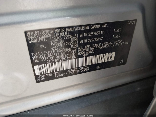 45774973 :رقم المزاد ، 2T3H1RFV2MC125897 vin ، 2021 Toyota Rav4 Le مزاد بيع