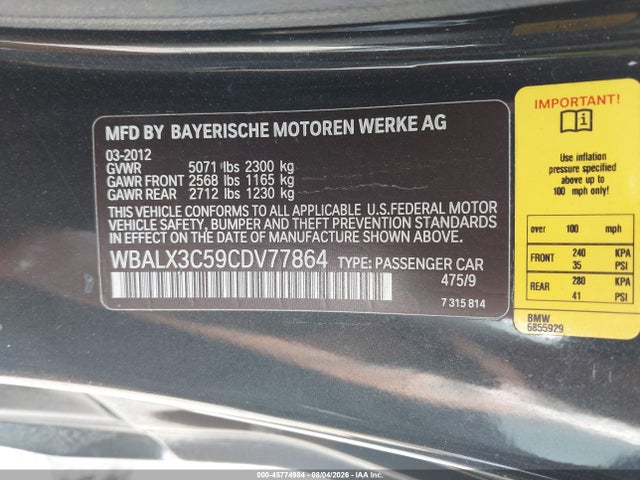 Aukcja sprzedaży 2012 Bmw 650i, vin: WBALX3C59CDV77864, numer aukcji: 45774984