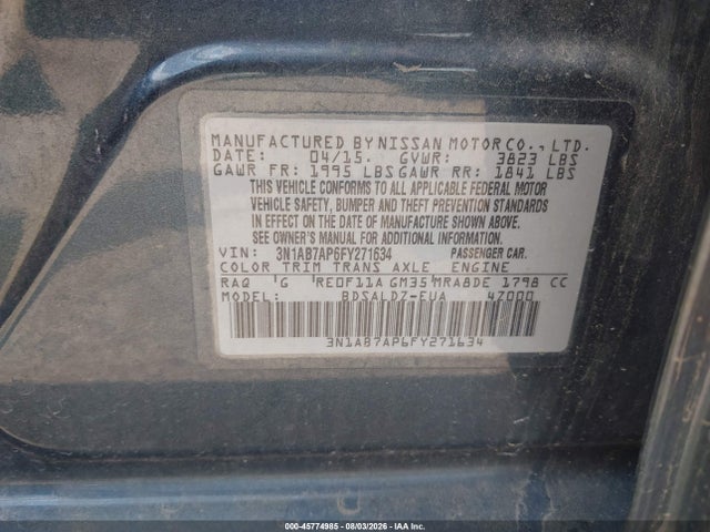 Aukcja sprzedaży 2015 Nissan Sentra Sv, vin: 3N1AB7AP6FY271634, numer aukcji: 45774985