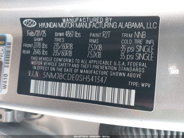 2025 Hyundai Tucson Sel მანქანა იყიდება აუქციონზე, vin: 5NMJBCDE0SH541347, აუქციონის ნომერი: 45775016