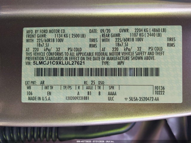 Aukcja sprzedaży 2020 Lincoln Corsair Standard, vin: 5LMCJ1C9XLUL27621, numer aukcji: 45775020
