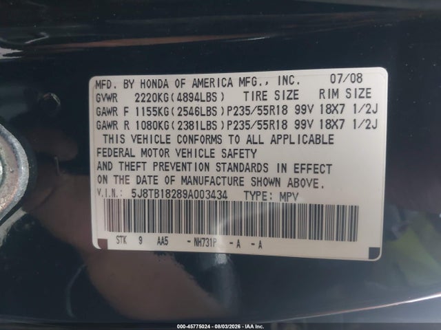 45775024 :رقم المزاد ، 5J8TB18289A003434 vin ، 2009 Acura Rdx مزاد بيع