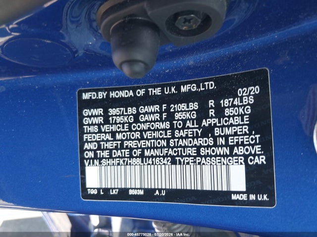 Honda Civic Ex-l 2020 SHHFK7H88LU416342 Image 9