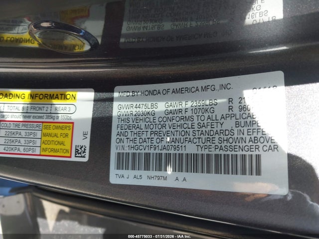 Honda Accord Touring 2018 1HGCV1F91JA079511 Image 9