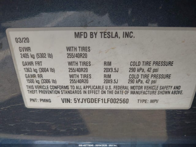 45775045 :رقم المزاد ، 5YJYGDEF1LF002560 vin ، 2020 Tesla Model Y Long Range Dual Motor All-wheel Drive/performance Dual Motor All-wheel Drive مزاد بيع