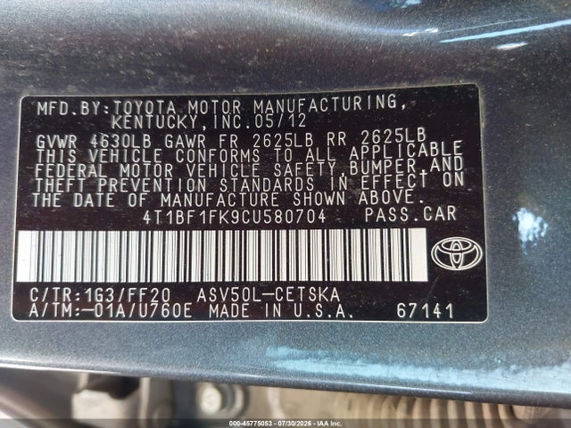 45775053 :رقم المزاد ، 4T1BF1FK9CU580704 vin ، 2012 Toyota Camry Se مزاد بيع