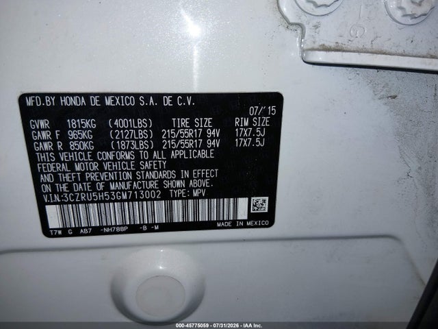 Продаж на аукціоні авто 2016 Honda Hr-v Ex, vin: 3CZRU5H53GM713002, номер лоту: 45775059