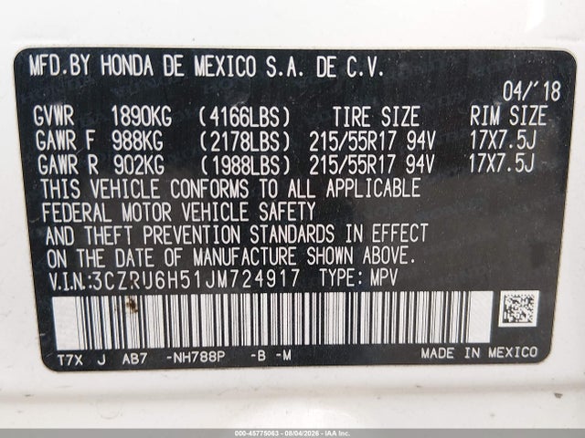2018 Honda Hr-v Ex მანქანა იყიდება აუქციონზე, vin: 3CZRU6H51JM724917, აუქციონის ნომერი: 45775063