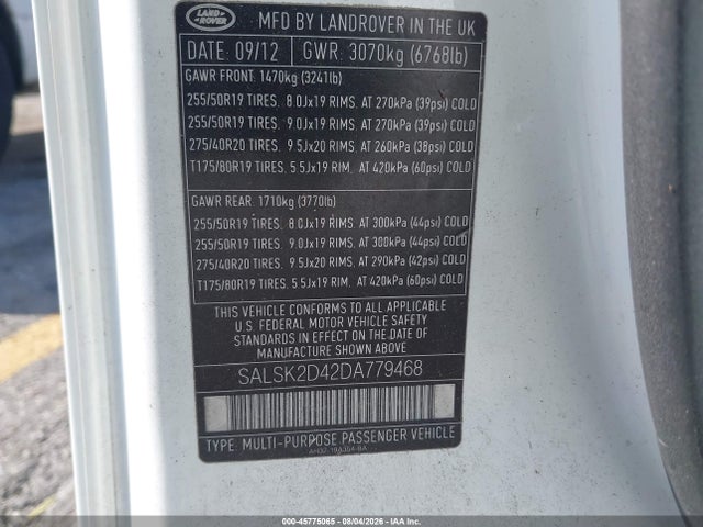 45775065 :رقم المزاد ، SALSK2D42DA779468 vin ، 2013 Land Rover Range Rover Sport Hse مزاد بيع