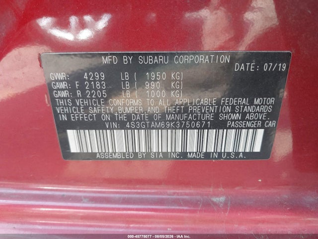 2019 Subaru Impreza 2.0i Sport მანქანა იყიდება აუქციონზე, vin: 4S3GTAM69K3750671, აუქციონის ნომერი: 45775077