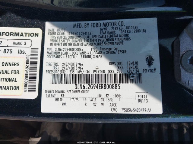 Aukcja sprzedaży 2014 Lincoln Mkz, vin: 3LN6L2G94ER800885, numer aukcji: 45775085
