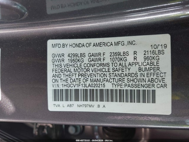 45775101 :رقم المزاد ، 1HGCV1F13LA020215 vin ، 2020 Honda Accord Lx مزاد بيع