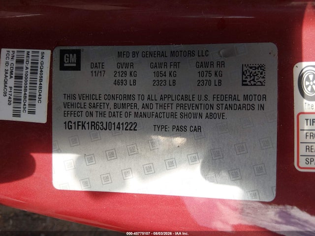 Aukcja sprzedaży 2018 Chevrolet Camaro Zl1, vin: 1G1FK1R63J0141222, numer aukcji: 45775107