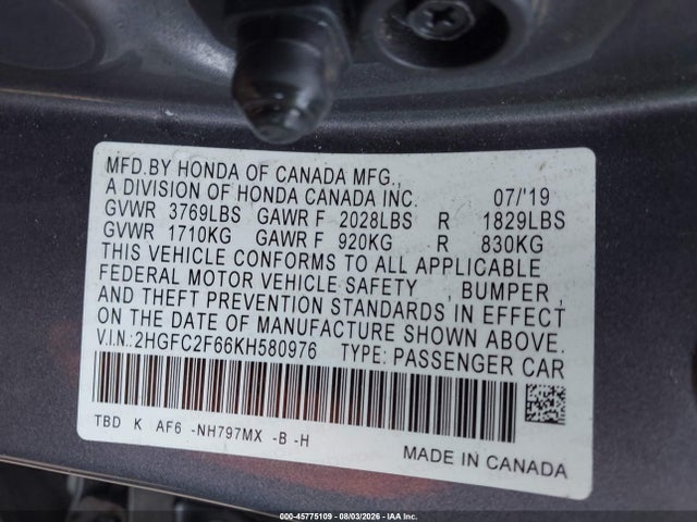 Продаж на аукціоні авто 2019 Honda Civic Lx, vin: 2HGFC2F66KH580976, номер лоту: 45775109