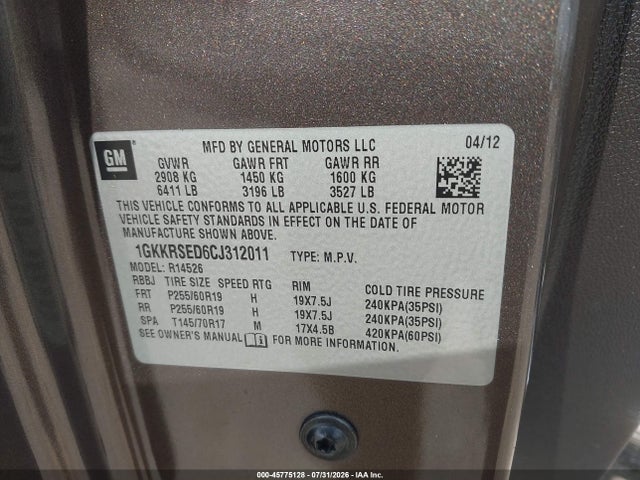 2012 Gmc Acadia Slt-2 მანქანა იყიდება აუქციონზე, vin: 1GKKRSED6CJ312011, აუქციონის ნომერი: 45775128