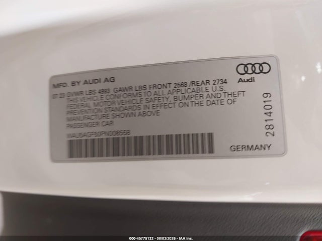 45775132 :رقم المزاد ، WAU5AGF50PN008558 vin ، 2023 Audi A5 Cabriolet Prestige 45 Tfsi S Line Quattro S Tronic مزاد بيع