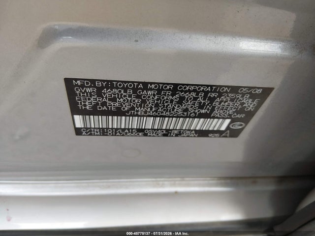 Aukcja sprzedaży 2008 Lexus Es 350, vin: JTHBJ46G482253161, numer aukcji: 45775137