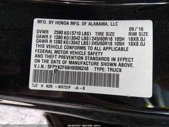 Honda Ridgeline Rtl-t 2017 5FPYK2F68HB006248 Image 9