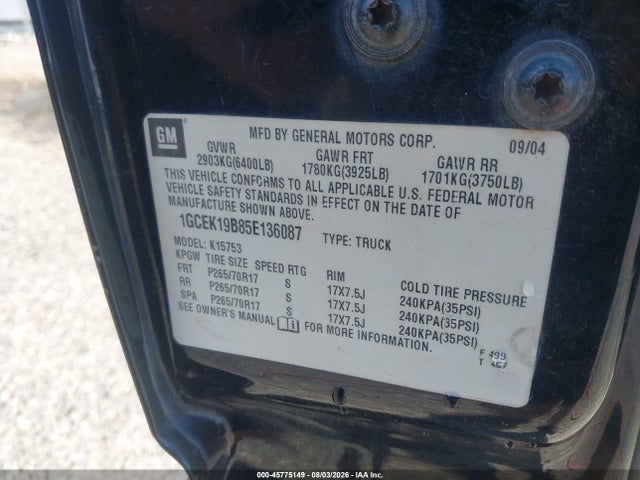 2005 Chevrolet Silverado 1500 Z71 მანქანა იყიდება აუქციონზე, vin: 1GCEK19B85E136087, აუქციონის ნომერი: 45775149