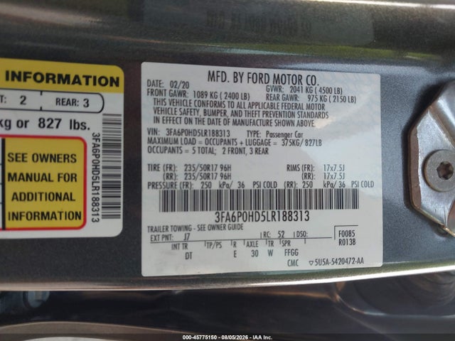 Продажа на аукционе авто 2020 Ford Fusion Se, vin: 3FA6P0HD5LR188313, номер лота: 45775150