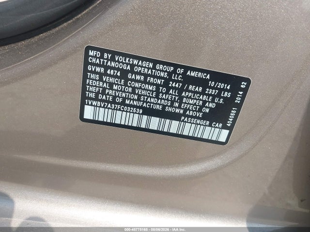 Aukcja sprzedaży 2015 Volkswagen Passat 2.0l Tdi Se, vin: 1VWBV7A37FC032539, numer aukcji: 45775165