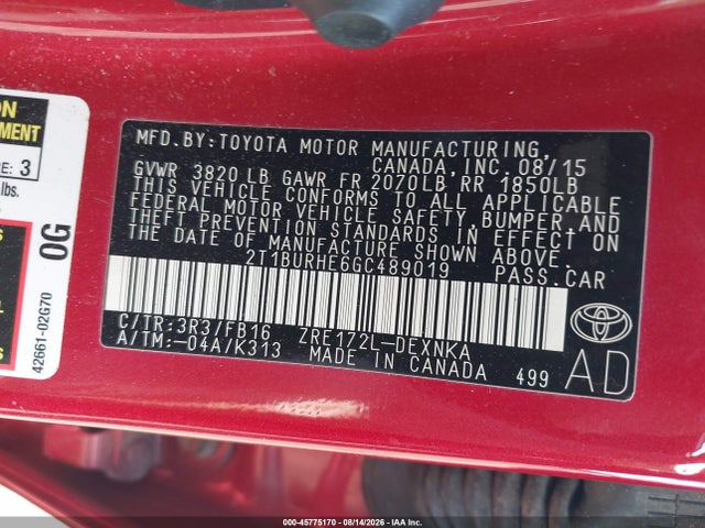 Toyota COROLLA LE 2016 2T1BURHE6GC489019 Image 9