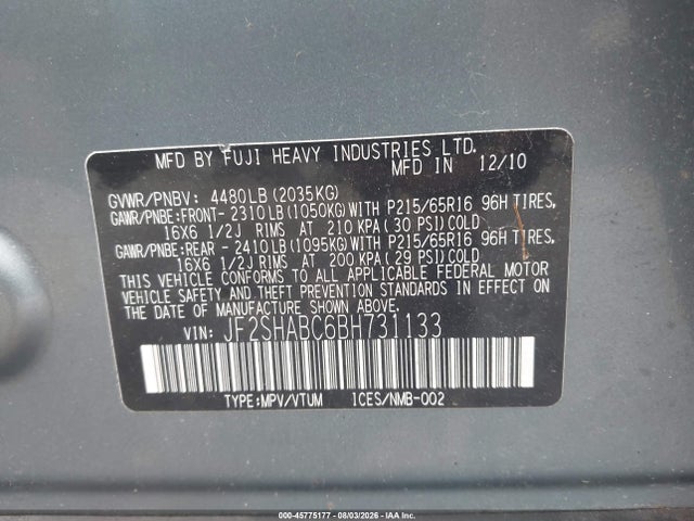 Продажа на аукционе авто 2011 Subaru Forester 2.5x, vin: JF2SHABC6BH731133, номер лота: 45775177