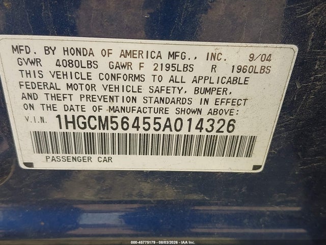 Продаж на аукціоні авто 2005 Honda Accord 2.4 Lx, vin: 1HGCM56455A014326, номер лоту: 45775179