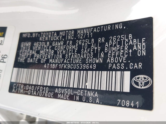 Продаж на аукціоні авто 2012 Toyota Camry Le, vin: 4T1BF1FK9CU539649, номер лоту: 45775183
