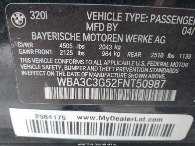 Продажа на аукционе авто 2015 Bmw 320i Xdrive, vin: WBA3C3G52FNT50987, номер лота: 45775185