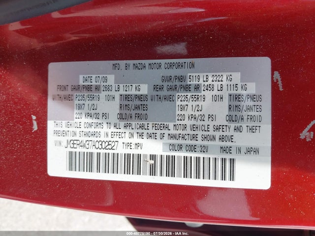 45775190 :رقم المزاد ، JM3ER4W37A0302527 vin ، 2010 Mazda Cx-7 S Grand Touring مزاد بيع
