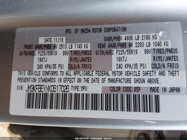 45775191 :رقم المزاد ، JM3KFBEYXK0517026 vin ، 2019 Mazda Cx-5 Signature مزاد بيع