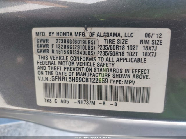 Aukcja sprzedaży 2012 Honda Odyssey Touring/touring Elite, vin: 5FNRL5H99CB122859, numer aukcji: 45775198