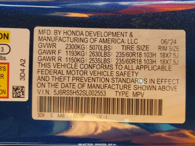 45775200 :رقم المزاد ، 5J6RS5H52SL002553 vin ، 2025 Honda Cr-v Hybrid Sport مزاد بيع