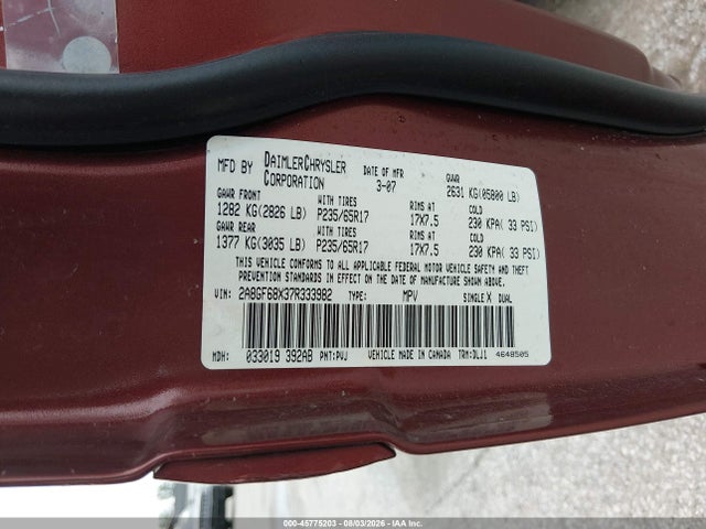 45775203 :رقم المزاد ، 2A8GF68X37R333982 vin ، 2007 Chrysler Pacifica Touring مزاد بيع