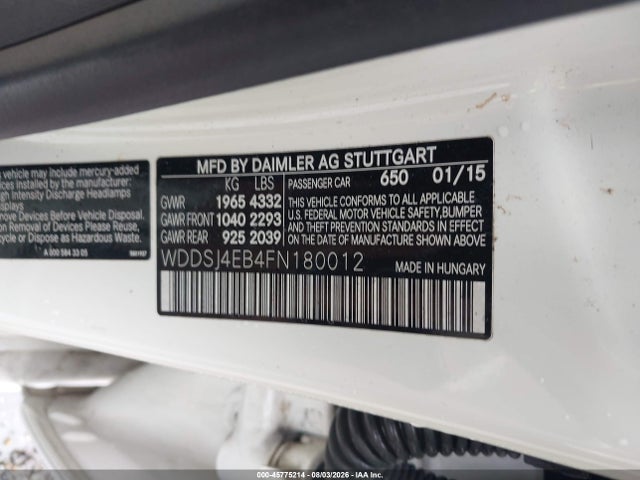 Aukcja sprzedaży 2015 Mercedes-benz Cla 250, vin: WDDSJ4EB4FN180012, numer aukcji: 45775214