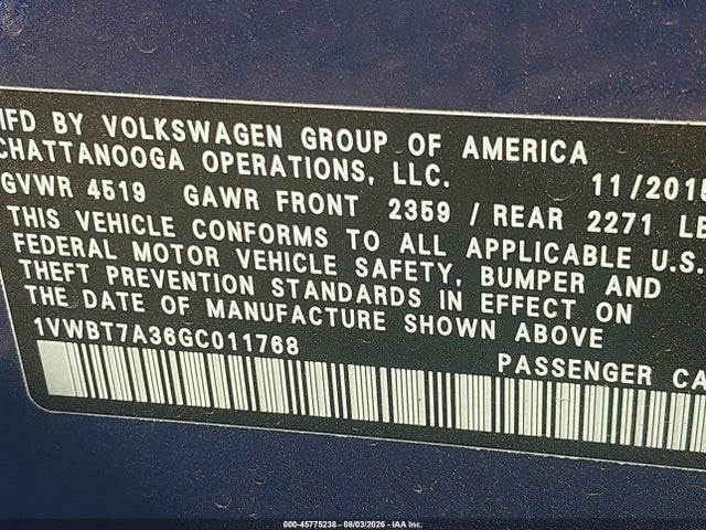 1VWBT7A36GC011768 Volkswagen Passat 1.8t Se
