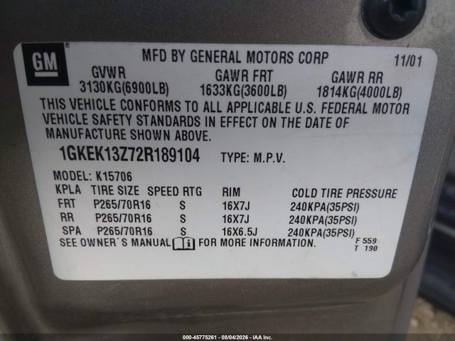 45775261 :رقم المزاد ، 1GKEK13Z72R189104 vin ، 2002 Gmc Yukon Slt مزاد بيع