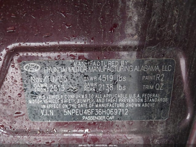 Продажа на аукционе авто 2006 Hyundai Sonata Gls V6/lx V6, vin: 5NPEU46F36H069712, номер лота: 45775271