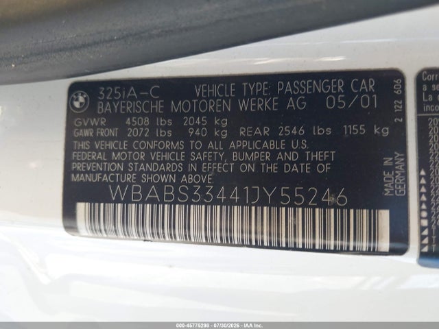 Продажа на аукционе авто 2001 Bmw 325ci, vin: WBABS33441JY55246, номер лота: 45775298