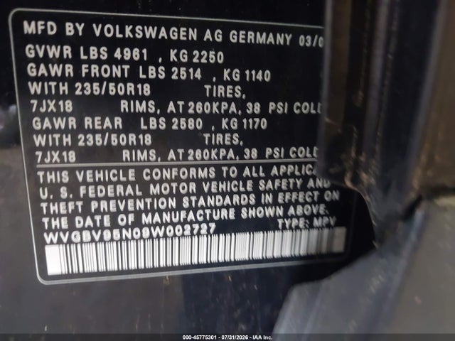 45775301 :رقم المزاد ، WVGBV95N09W002727 vin ، 2009 Volkswagen Tiguan Se/sel مزاد بيع